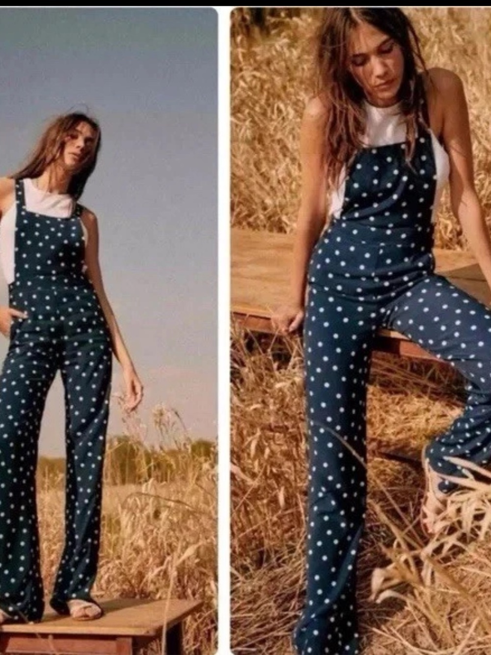 Sézane Julie Jumpsuit Polka Dot Navy Blue Wide Leg Size 38 (US 6)